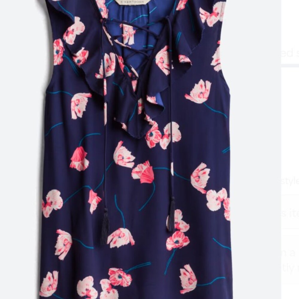 41 Hawthorn Floral Dark Blue Ruffle Neck Sleeveless Blouse - Medium